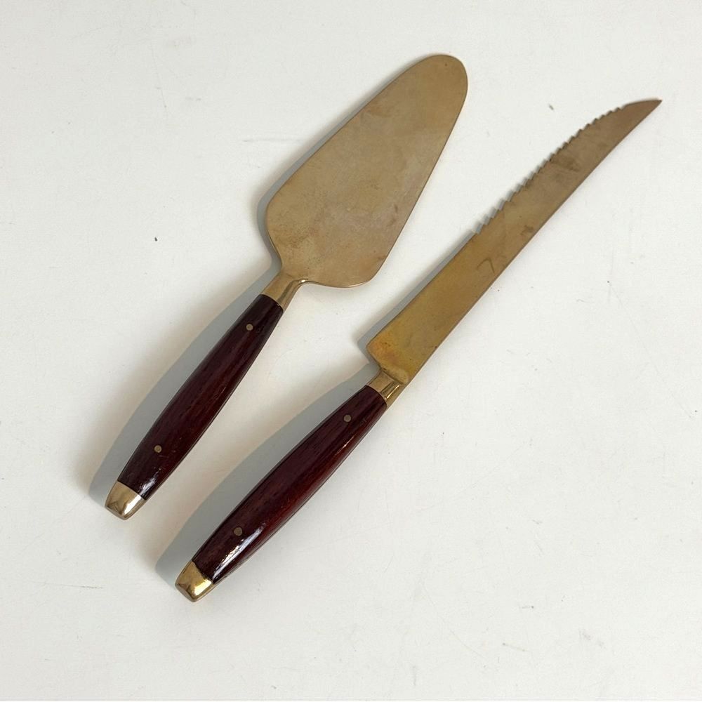 Vintage Brass & Wood Charcuterie Cheese Knife Set